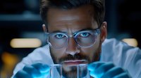 Bearded male scientist in glasses examining glowing blue liquid in laboratory test tube. Dark moody lighting creates dramatic research atmosphere.