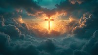 Glowing Christian cross in dramatic cloudy sky at sunset, rays of divine light breaking through stormy clouds, spiritual religious background for faith concepts.