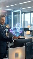Confident Caucasian businessman in suit holding glowing holographic megaphone in modern office, digital marketing and communication technology concept.
