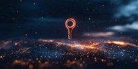 Glowing key symbol floating over magical sparkly surface with bokeh lights and dreamy atmosphere against dark night sky with stars and clouds.