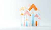 Upward trending arrows in orange, pink and blue glass or acrylic material showing business growth concept on white background. Financial success visualization.