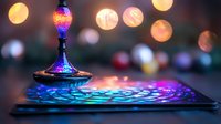 Colorful oriental lamp casting vibrant reflections on metallic surface with blurred bokeh lights background creating magical atmosphere for festive decoration.