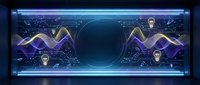 Futuristic digital interface with glowing blue holographic display showing data analytics charts and light bulb icons on dark technological background.