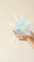 Hands holding iridescent glowing sphere with rainbow light reflections on neutral background. Concept for future vision, innovation, and possibilities.