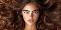 Young Caucasian woman with flowing brown wavy hair spread out, blue eyes, natural makeup and freckles on clean skin against neutral background. Beauty and haircare concept.