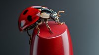 Ladybug perched on red cylindrical object against dark background, macro photography showcasing insect details and vibrant colors for nature and wildlife concepts.