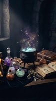Magical alchemy laboratory with bubbling cauldron, colorful potions, ancient spellbooks and mystical sparkles rising from brewing mixture in dark dungeon setting.