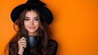 Young woman in black witch hat and lace top holding coffee mug against vibrant orange background, perfect for Halloween or autumn seasonal marketing.