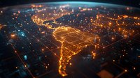 Glowing map of South America at night with illuminated cities and connections, aerial view showing digital network and urban infrastructure. Perfect for technology concepts.
