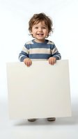 Happy toddler boy with curly brown hair holding blank white sign wearing blue striped sweater on white background for advertising and promotional content.