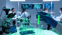 Medical researcher in blue gloves holding green test tube in modern laboratory with microscope and monitors displaying molecular structures in background.