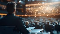 Businessman looking at digital network visualization during conference presentation. Blurred audience and glowing connection points create futuristic atmosphere.