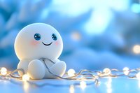 Cute white plush toy character sitting among glowing fairy lights against soft blue bokeh background, creating magical winter atmosphere and cozy holiday mood.