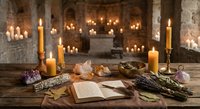 Mystical altar setup with candles, crystals, herbs and open book in atmospheric stone chamber for spiritual rituals and meditation practices.