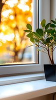 Green plant in black pot on white windowsill against blurred golden bokeh sunset background through window, creating cozy home atmosphere with natural light.