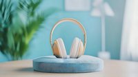 Elegant beige wireless headphones displayed on round light blue cushion podium against turquoise background with decorative palm leaves, modern minimal setup.