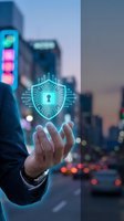 Businessman hand presenting glowing cybersecurity shield with circuit patterns and lock symbol over blurred city background at dusk.