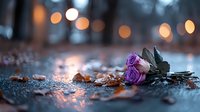 Purple roses lying on wet asphalt with autumn leaves and bokeh lights in background creating romantic melancholic mood for emotional storytelling and greeting cards.