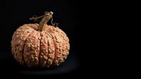 Textured orange pumpkin with dried stem isolated on black background, suitable for autumn harvest designs, fall decorations, and seasonal marketing materials.