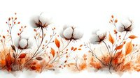 Watercolor cotton flowers and orange autumn leaves composition on white background, floral border design with delicate botanical elements and branches.