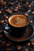 Fresh espresso with creamy foam in black cup surrounded by roasted coffee beans on dark background, macro shot with selective focus and bubbles.