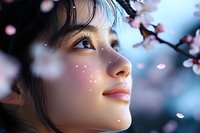 Young Asian woman gazing upward with dreamy expression amid falling cherry blossom petals, soft bokeh lights create magical spring atmosphere.