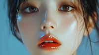 Close up portrait of young Asian woman with bright red glossy lipstick, dewy skin and intense gaze against blue background. Professional beauty and cosmetics photography.