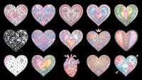Decorative heart collection with ornate patterns, floral and mandala designs, isolated on transparent background, ready for stickers, sublimation, and print on demand.