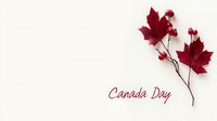 Red maple leaves and berries on white background with Canada Day text in burgundy script, minimalist patriotic composition for greeting cards and holiday designs.