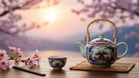 Traditional Japanese tea ceremony setup with ornate porcelain teapot and cup on bamboo mat under blooming cherry blossoms at sunset for meditation and wellness.