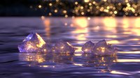 Sparkling ice crystals floating on calm water surface with golden bokeh lights creating magical winter atmosphere for holiday designs.