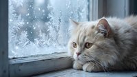Fluffy long-haired cat with green eyes gazing out frosted winter window with ice crystals and snowflakes, domestic pet looking outside during cold season.