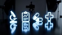 Glowing blue medical icons including microscope, clipboard, capsule pill, and cross symbol on dark reflective surface for healthcare design.
