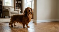 Adorable red dachshund dog standing on hardwood floor in cozy living room with natural light from window, perfect companion animal for home decor projects.