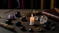 Mystical altar setup with burning candle, crystals, ancient books, and ritual tools for spiritual practices and divination ceremonies.