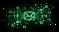 Digital email network with glowing green connections and communication icons on dark background for technology and business marketing concepts.