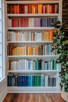 Color-coordinated bookshelf with books arranged in rainbow spectrum from red to blue, white wooden shelving unit next to window, indoor plant decoration.