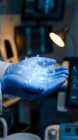 Scientist in blue gloves holding holographic network connections in laboratory setting representing digital innovation and medical technology research.
