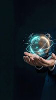 Businessman hands holding glowing digital earth globe with network connections and data streams on dark background for technology concepts.