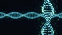 Glowing DNA double helix structure with sparkling particles on dark background for genetic research, biotechnology and molecular science concepts.