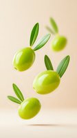 Fresh green olives with leaves floating in air against beige background. Minimal food concept with levitating Mediterranean ingredients for culinary designs.