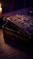 Vintage wooden Halloween treats box with ornate gothic decorations and candle creating spooky atmospheric mood for seasonal celebrations and party planning.