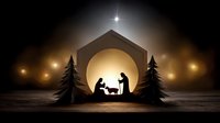 Silhouette nativity scene with Mary, Joseph and baby Jesus in manger against golden light, bright star above stable, pine trees on sides.