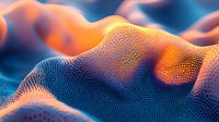 Futuristic abstract landscape with orange and blue gradient particles forming undulating waves and terrain, digital art visualization for technology backgrounds.