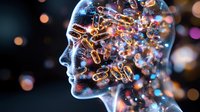Glowing translucent head profile with floating medicine capsules and pills emerging against dark background with bokeh lights, representing mental health and pharmaceuticals.