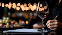 Glass of red wine with blurred bokeh lights in background, person's hand writing notes during wine tasting event or restaurant experience.