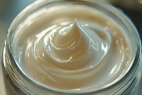 Creamy white moisturizer swirl close up showing luxurious texture and smooth consistency in glass jar, highlighting rich skincare product quality and nourishing properties.