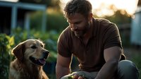 Bearded man in brown shirt bonding with golden retriever dog in backyard during golden hour sunset light creating warm outdoor pet owner moment.