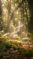 Glowing DNA double helix structure floating in sunlit forest with golden light rays streaming through trees and moss-covered ground for biotechnology concepts.