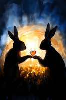 Silhouettes of two rabbits holding heart shape against dramatic sunset background in watercolor style, dark blue and orange tones create mystical atmosphere.